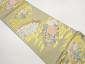 引箔群鶴に地紙・花々模様織出し袋帯